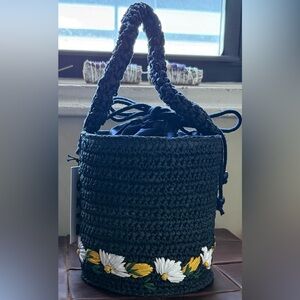 Handcrafted RIXO navy raffia Crochet Bucket Bag purse with flower Embroidery
